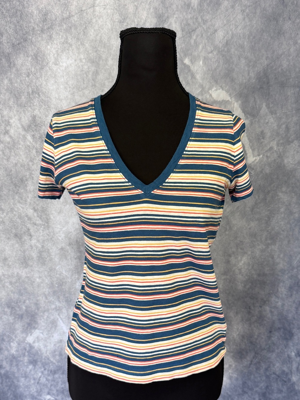 Madewell Blue Teal Multi-Stripe V-Neck Short Sleeve Tee